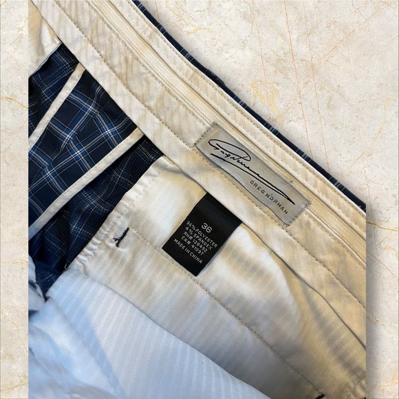 Greg Norman Men's Golf Shorts 36 Chino Gray Blue Plaid Stretch Poly Spandex EUC - Picture 5 of 8